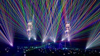 This photograph captures our lasers that created this multi-colour visual display for Ozzy Osbourne’s Ozzfest, NYE, LA Forum.